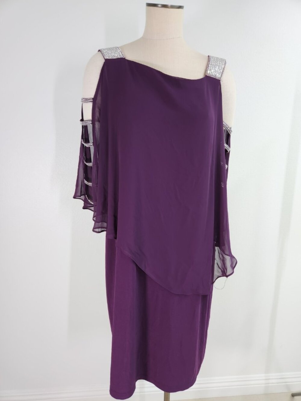 MSK Womens 3X Purple Rhinestone Cold Shoulder Asymmetric Overlay Dress Sheath